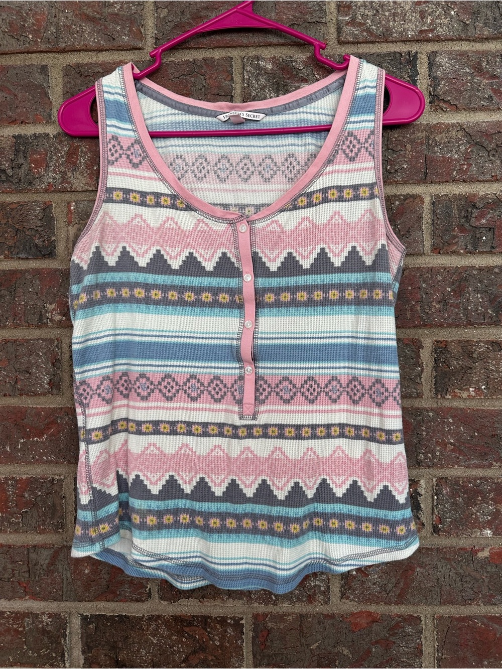 Victoria’s Secret Thermal Henley Tank Top M 2015 Pastel Fair Isle Waffle Knit
